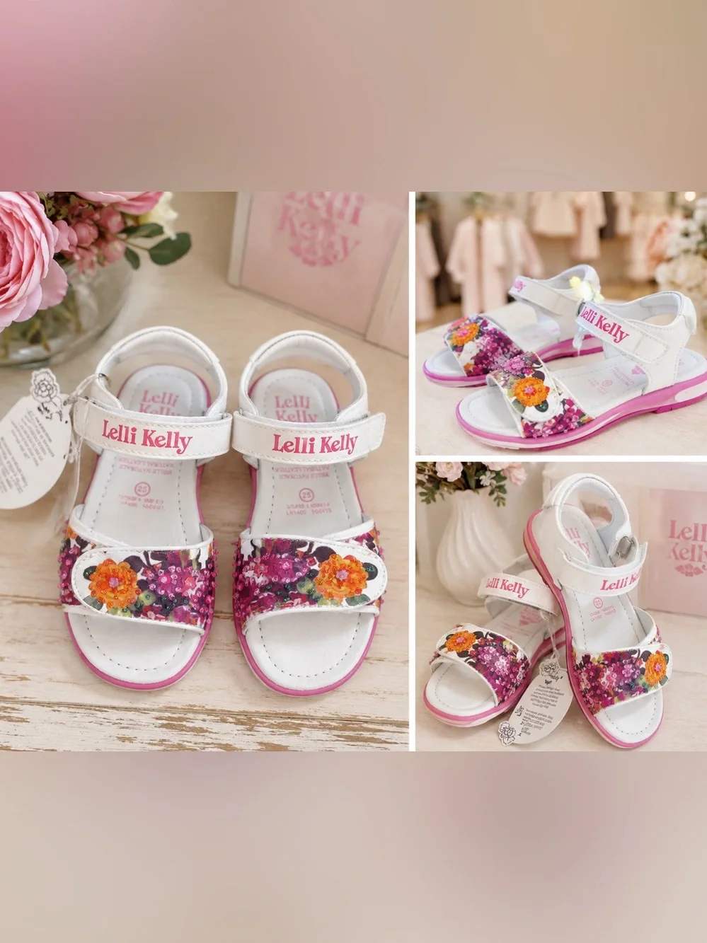 Lelli Kelly Girls Floral Embellished Sandals – Size 25 – New white pink size 8-8